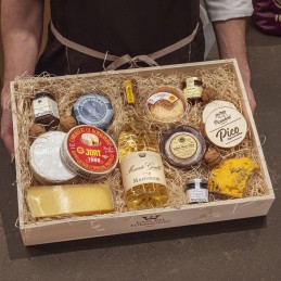 cassetta legno natale pacco formaggi francesi e vino