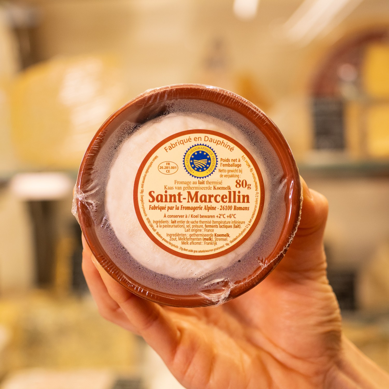 formina di formaggio saint marcellin in mano