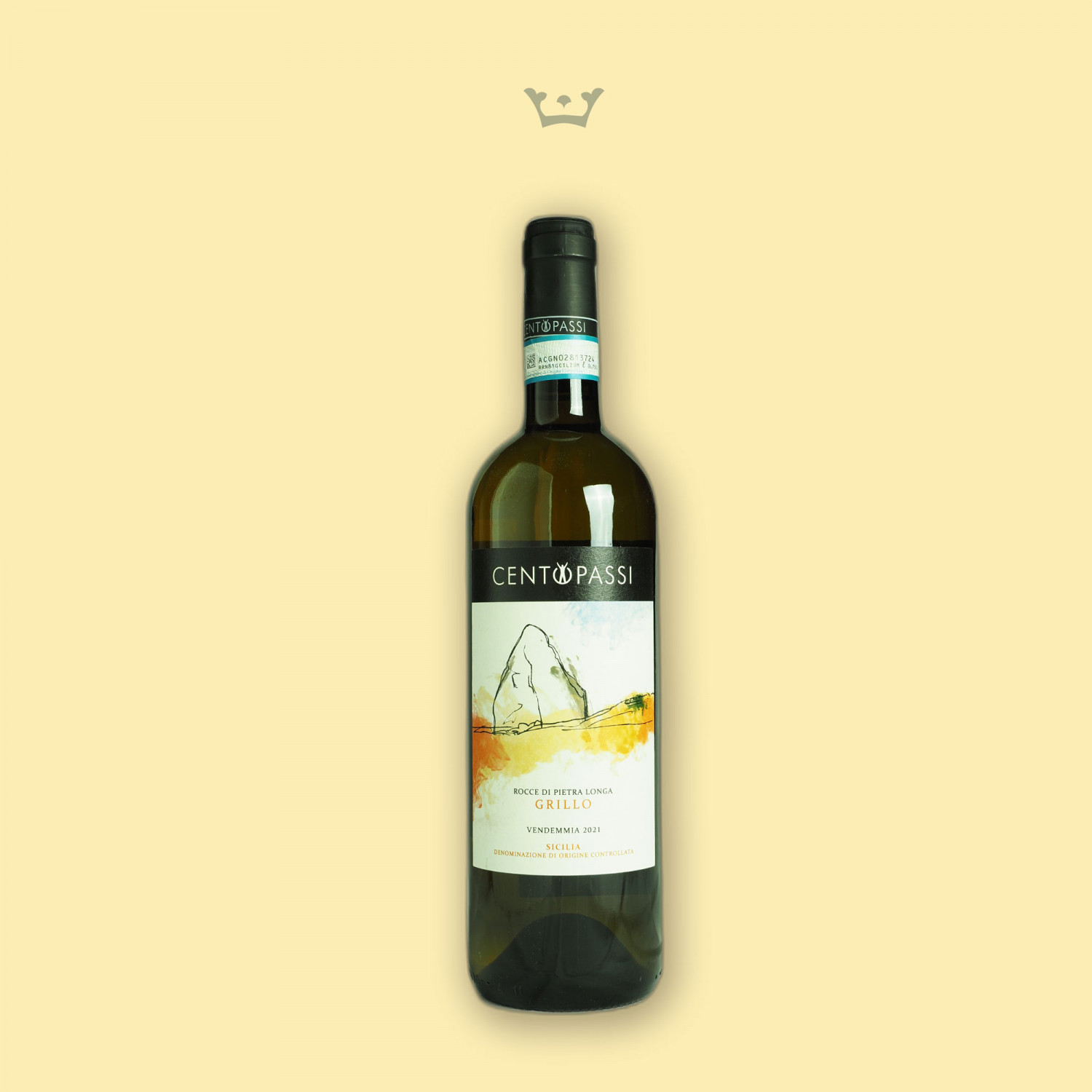 Bottiglia di vino Grillo DOC Centopassi. Etichetta vino fronte
