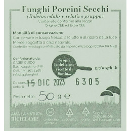 Etichetta dei Funghi porcini secchi Speciale Guido Gabbi 50g.