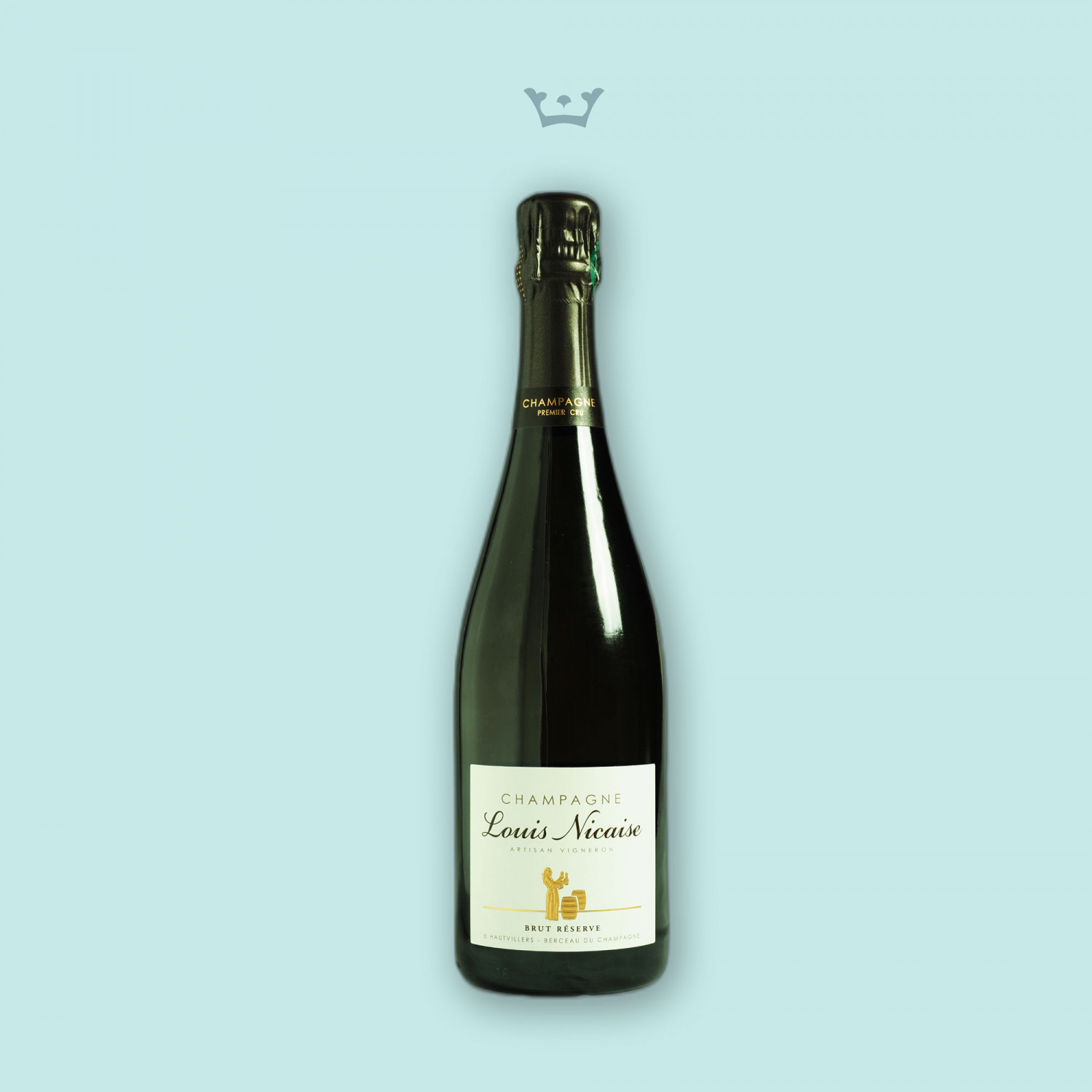 Vista frontale bottiglia Champagne Brut Reserve 1er Cru Louis Nicaise